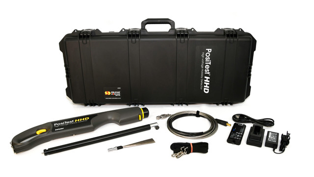 The PosiTest HHD uses pulsed DC technology to detect flaws. Instead of a continuous high-voltage output, the PosiTest HHD emits a precise pulse of high-voltage 30 times per second. This technology is much easier to ground, and safer, reducing the possibility of the exterior of the object becoming charged. The advanced circuitry is capable of maintaining a precise voltage output over the full range of 0.5-35 K-V in a single instrument. To alter the set voltage, simply choose the voltage selection menu option, and use the plus and minus buttons to adjust.