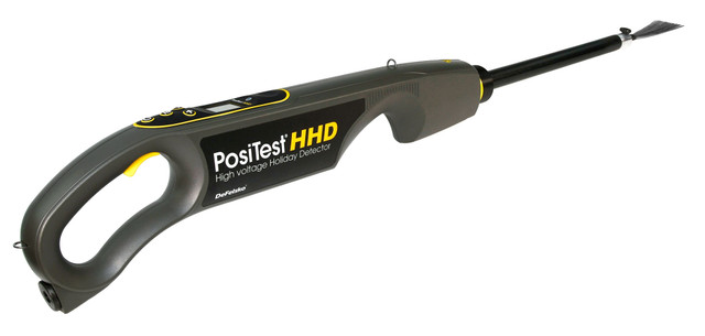 The PosiTest HHD uses pulsed DC technology to detect flaws. Instead of a continuous high-voltage output, the PosiTest HHD emits a precise pulse of high-voltage 30 times per second. This technology is much easier to ground, and safer, reducing the possibility of the exterior of the object becoming charged. The advanced circuitry is capable of maintaining a precise voltage output over the full range of 0.5-35 K-V in a single instrument. To alter the set voltage, simply choose the voltage selection menu option, and use the plus and minus buttons to adjust.
