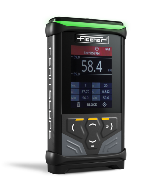 Feritscope® DMP30 digital display showing ferrite content readings in FN and %Fe with user-friendly interface