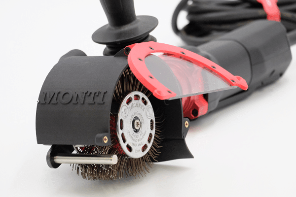 Bristle Blasting technology simultaneously removes corrosion and generates anchor profile. The bristle tips are designed to strike the corroded surface with kinetic energy that is equivalent to standard processes that use grit blast media. Immediately after the bristle tips strike the surface, they retract (“rebound”) from the surface, which results in both corrosion removal and micro-indentation that exposes fresh surface.