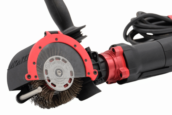 Bristle Blasting technology simultaneously removes corrosion and generates anchor profile. The bristle tips are designed to strike the corroded surface with kinetic energy that is equivalent to standard processes that use grit blast media. Immediately after the bristle tips strike the surface, they retract (“rebound”) from the surface, which results in both corrosion removal and micro-indentation that exposes fresh surface.